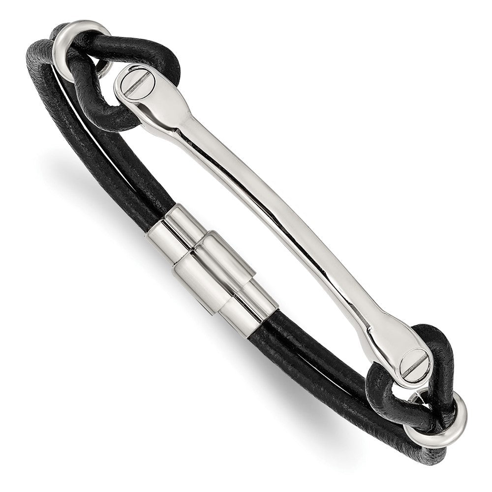 Edelstahl Chisel Poliert Schwarz Leder 7.5 Zoll Id Armband
