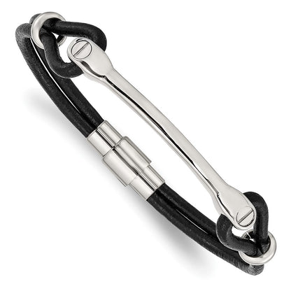 Edelstahl Chisel Poliert Schwarz Leder 7.5 Zoll Id Armband