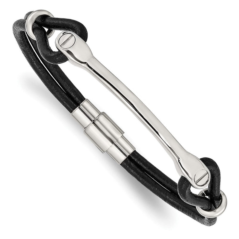 Edelstahl Chisel Poliert Schwarz Leder 7.5 Zoll Id Armband