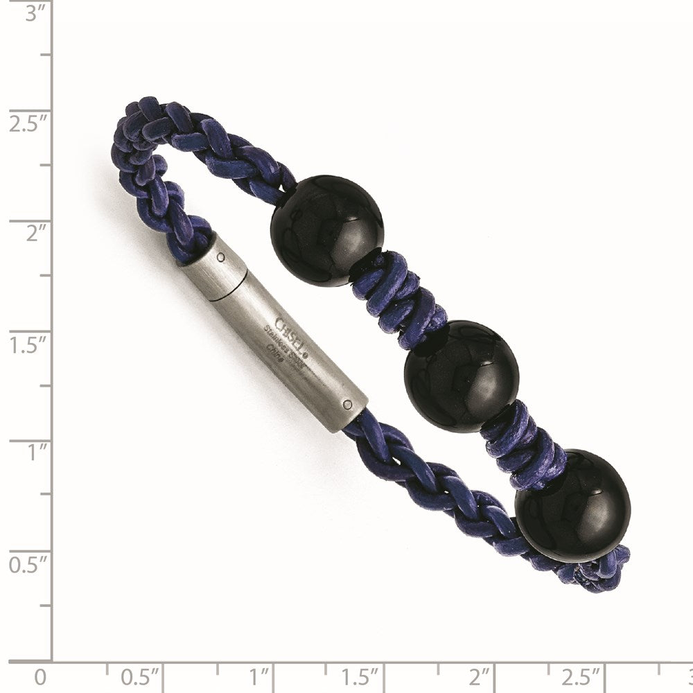 7.5 Zoll Edelstahl Schwarz Achat Perle und Blau Geflochten Leder Armband