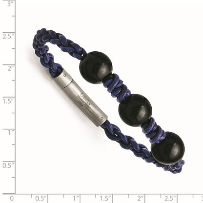 7.5 Zoll Edelstahl Schwarz Achat Perle und Blau Geflochten Leder Armband