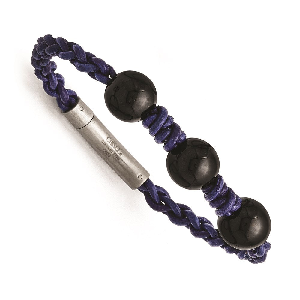 7.5 Zoll Edelstahl Schwarz Achat Perle und Blau Geflochten Leder Armband