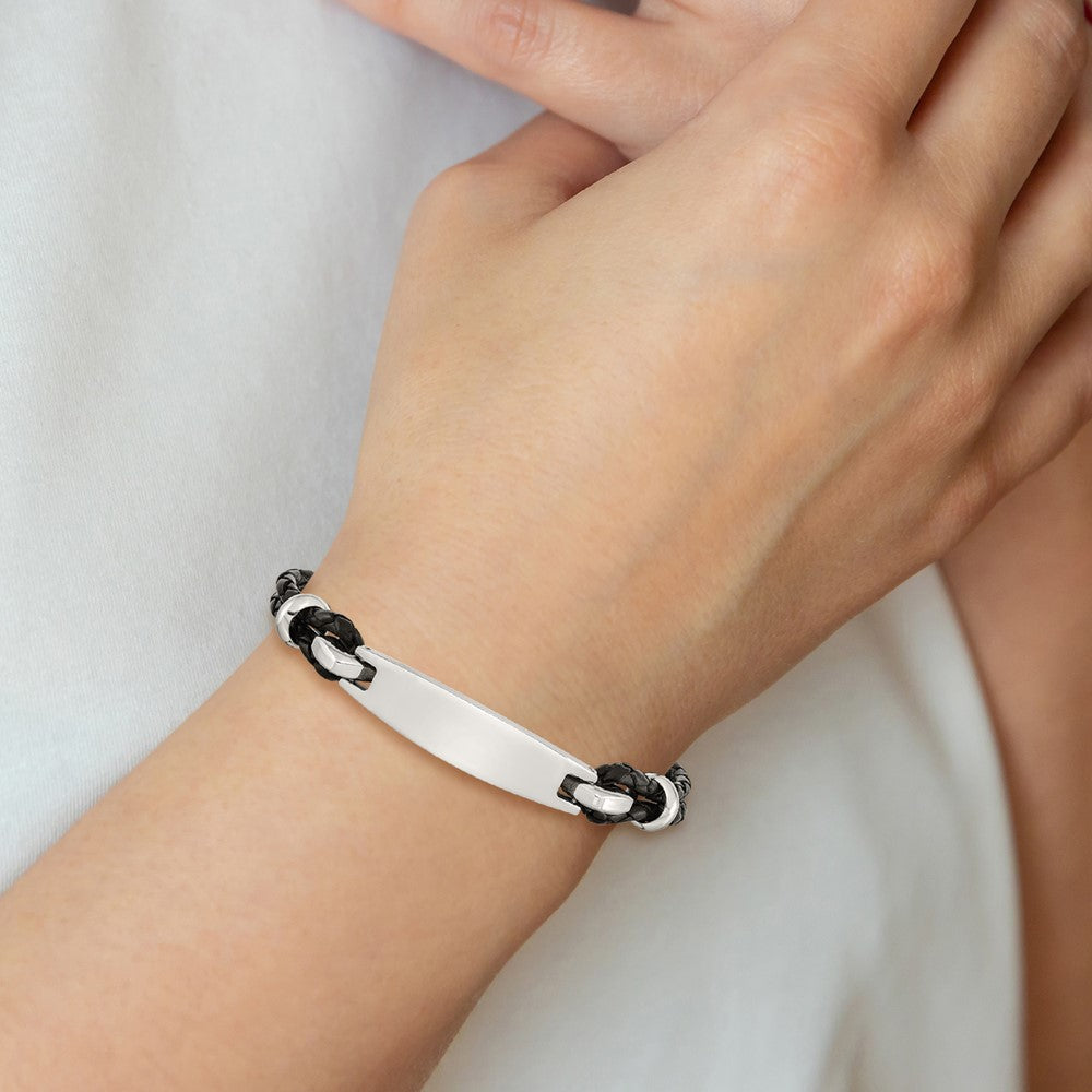 Edelstahl Chisel Poliert Schwarz Geflochten Leder 8.5 Zoll Id Armband