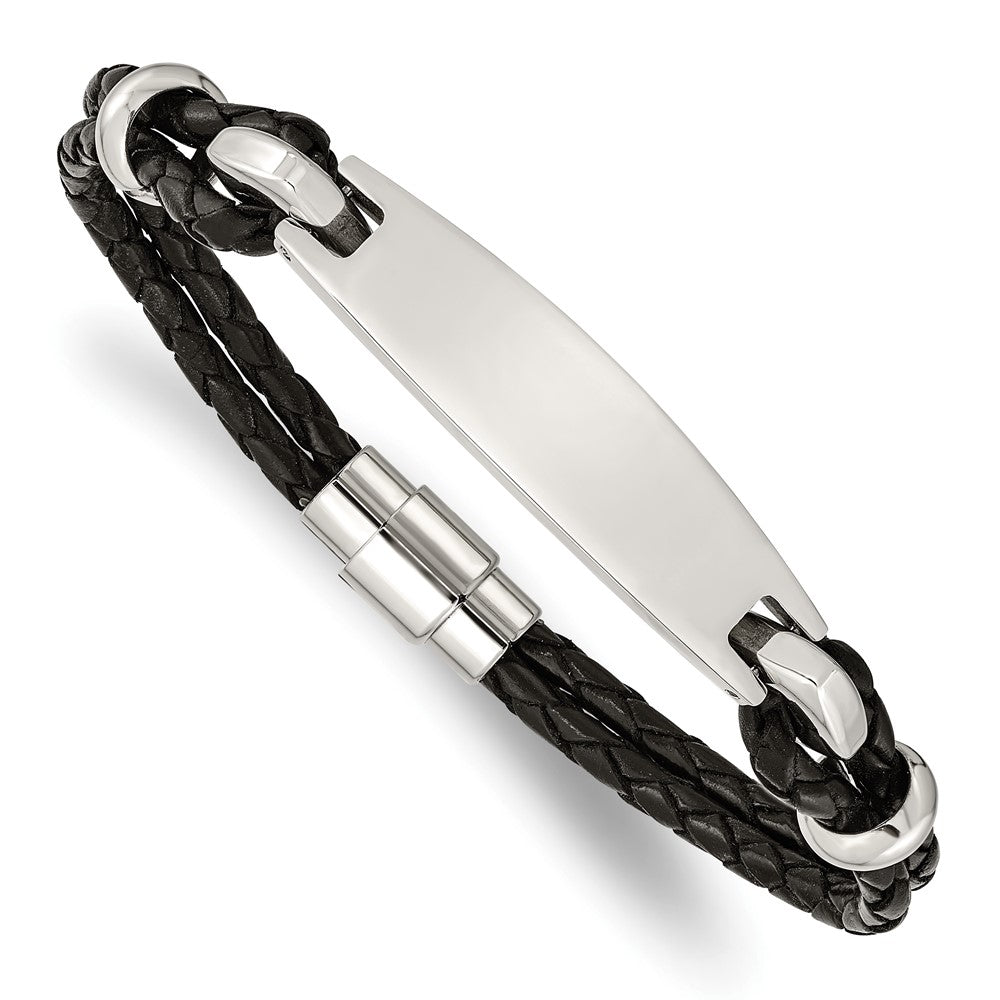 Edelstahl Chisel Poliert Schwarz Geflochten Leder 8.5 Zoll Id Armband