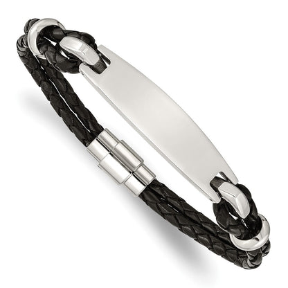 Edelstahl Chisel Poliert Schwarz Geflochten Leder 8.5 Zoll Id Armband