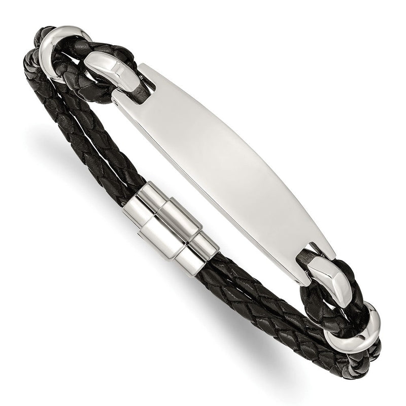 Edelstahl Chisel Poliert Schwarz Geflochten Leder 8.5 Zoll Id Armband