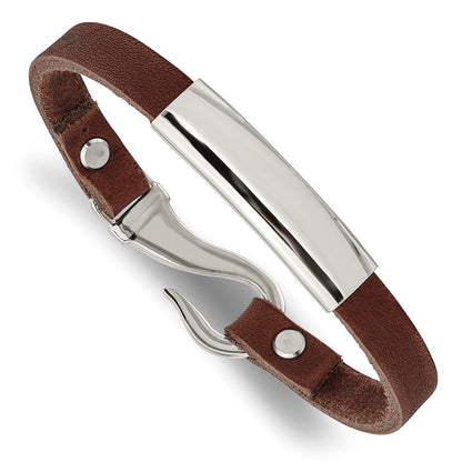Edelstahl Chisel Poliert Braun Leder 8.5 Zoll Id Armband