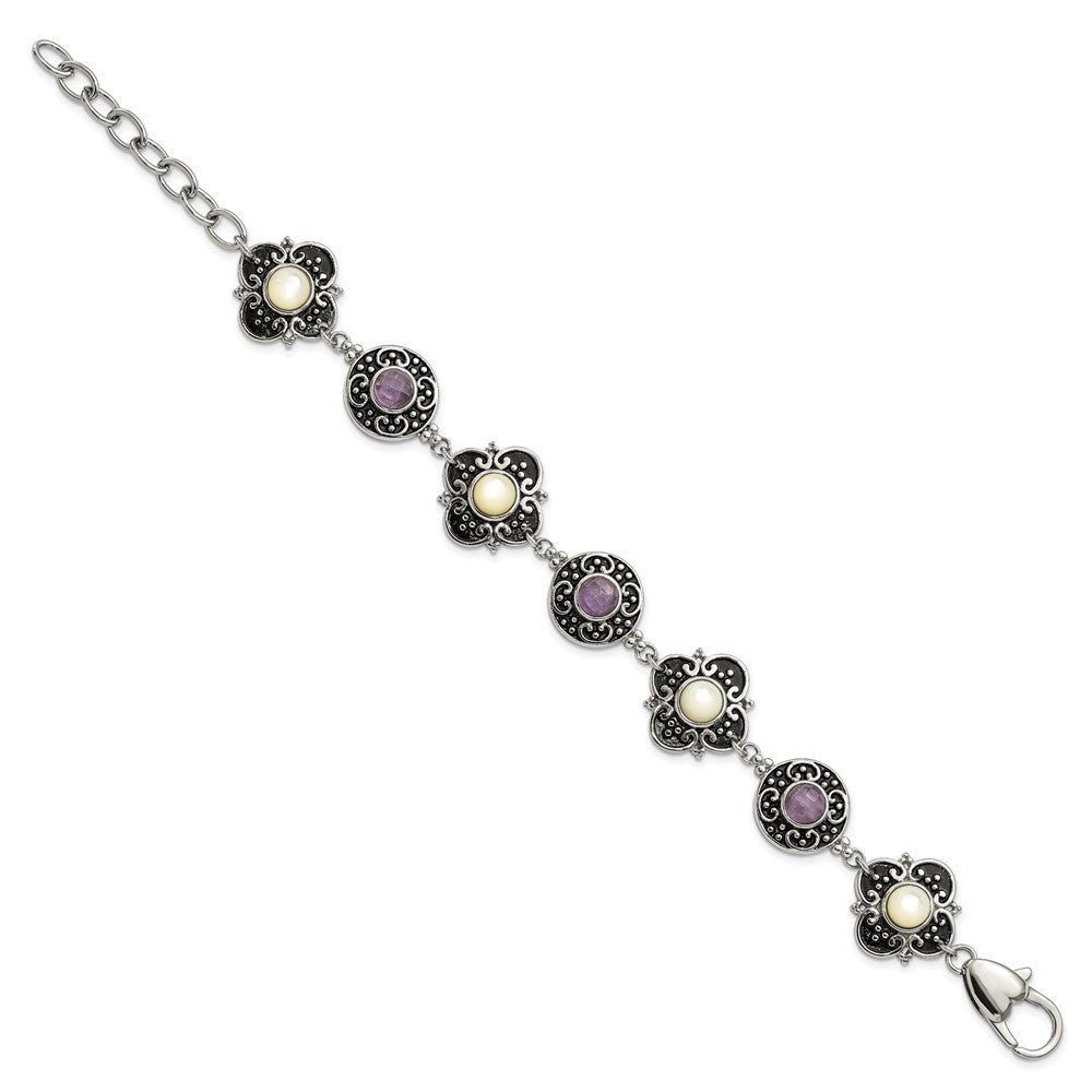 9 Zoll Edelstahl Poliert & Antikisiert Perlmutt Lila Glas mit 1.5 Zoll Verlängerung Armband