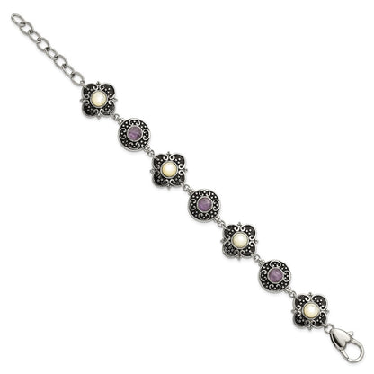 9 Zoll Edelstahl Poliert & Antikisiert Perlmutt Lila Glas mit 1.5 Zoll Verlängerung Armband