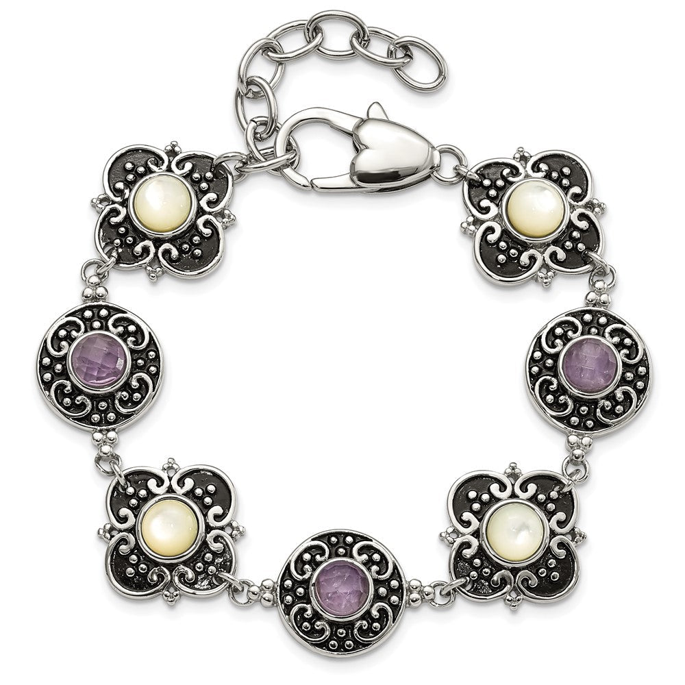 9 Zoll Edelstahl Poliert & Antikisiert Perlmutt Lila Glas mit 1.5 Zoll Verlängerung Armband