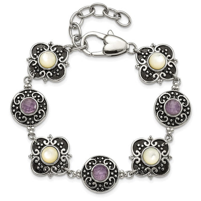 9 Zoll Edelstahl Poliert & Antikisiert Perlmutt Lila Glas mit 1.5 Zoll Verlängerung Armband