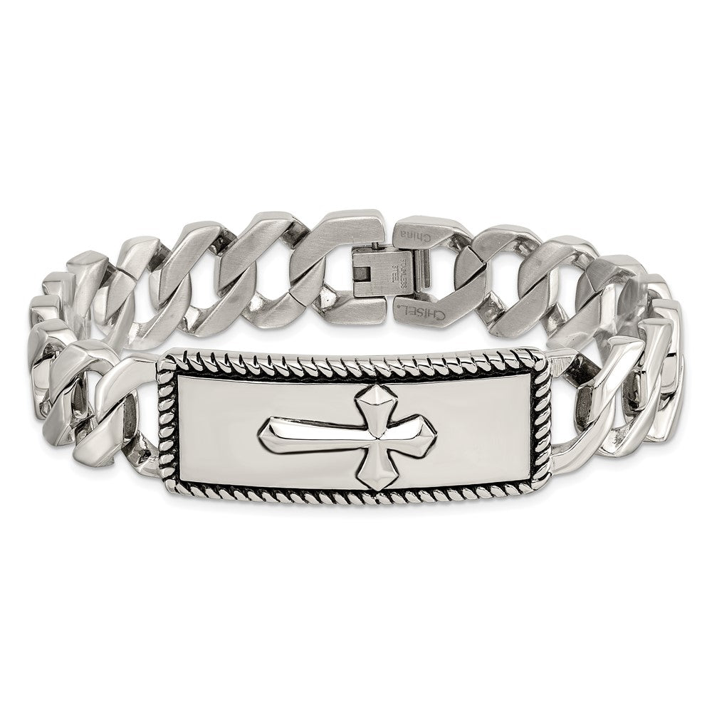 Edelstahl Chisel Antikisiert Poliert und Strukturiert 8.5 Zoll Kreuz Id Armband