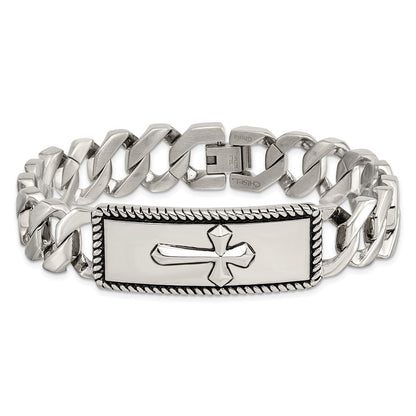 Edelstahl Chisel Antikisiert Poliert und Strukturiert 8.5 Zoll Kreuz Id Armband