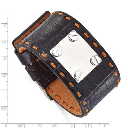 9.25 Zoll Edelstahl Schwarz Leder Orange Stitch Schnalle Id Armband