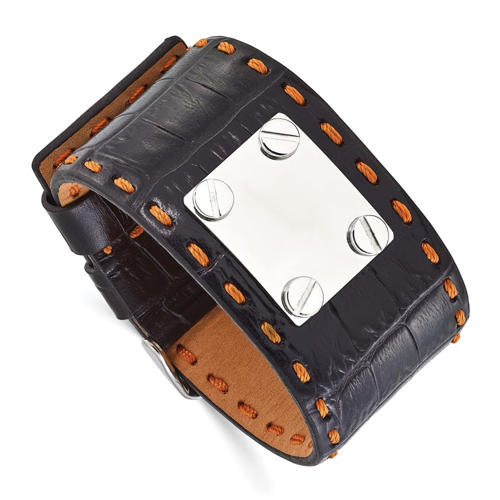9.25 Zoll Edelstahl Schwarz Leder Orange Stitch Schnalle Id Armband
