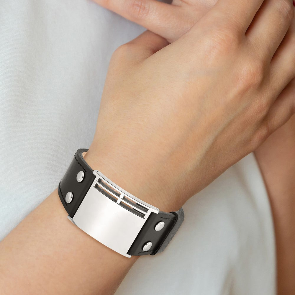9.25 Zoll Edelstahl Poliert Schwarz Leder Verstellbar Schnalle 9.25 Zoll Armband