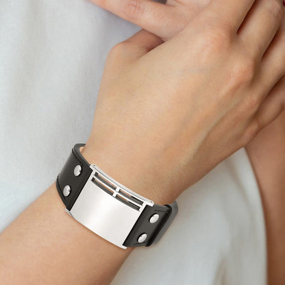 9.25 Zoll Edelstahl Poliert Schwarz Leder Verstellbar Schnalle 9.25 Zoll Armband