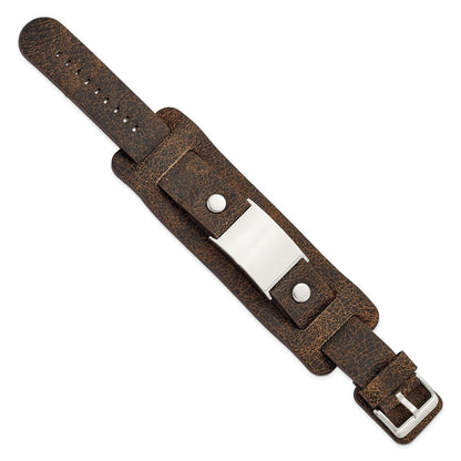 Edelstahl Dunkel Braun Leder Poliert Schnalle Armband