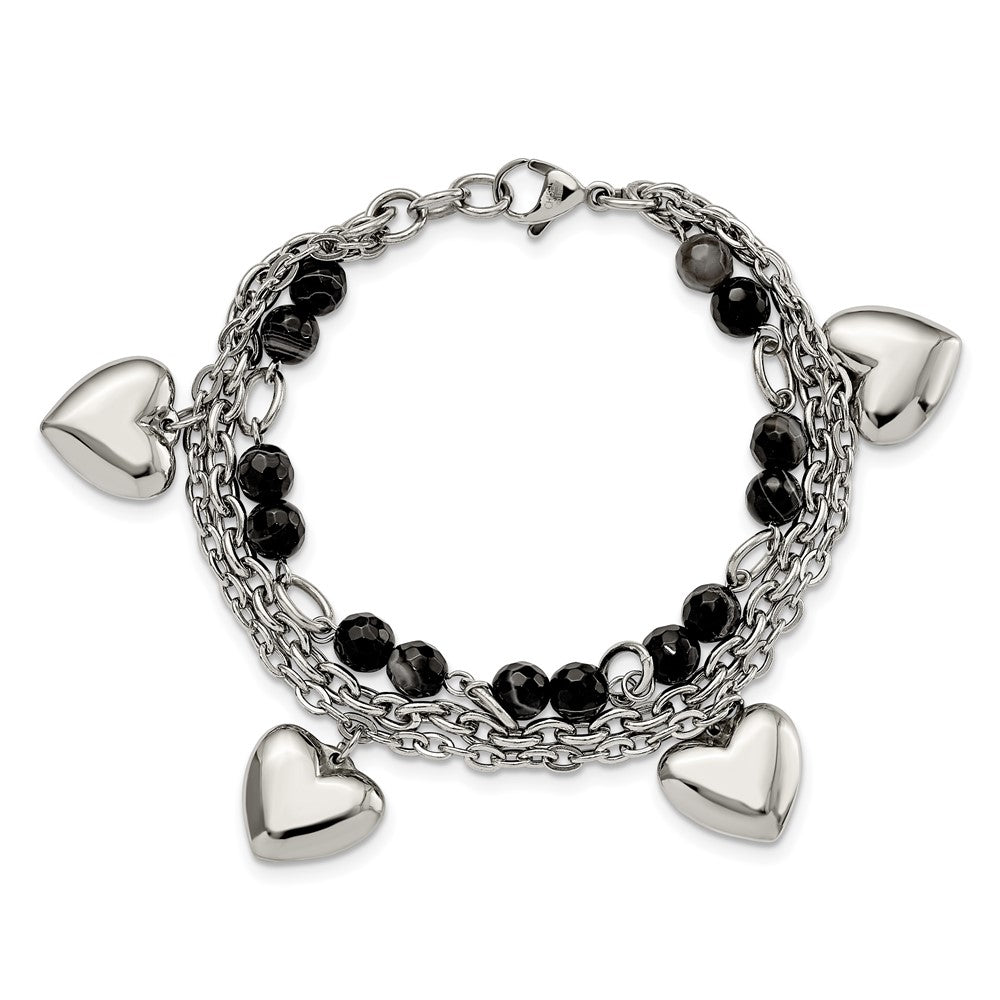 7.5 Zoll Edelstahl Poliert mit Schwarz & Weiß Achat mit Herzen 7.5 Zoll Armband