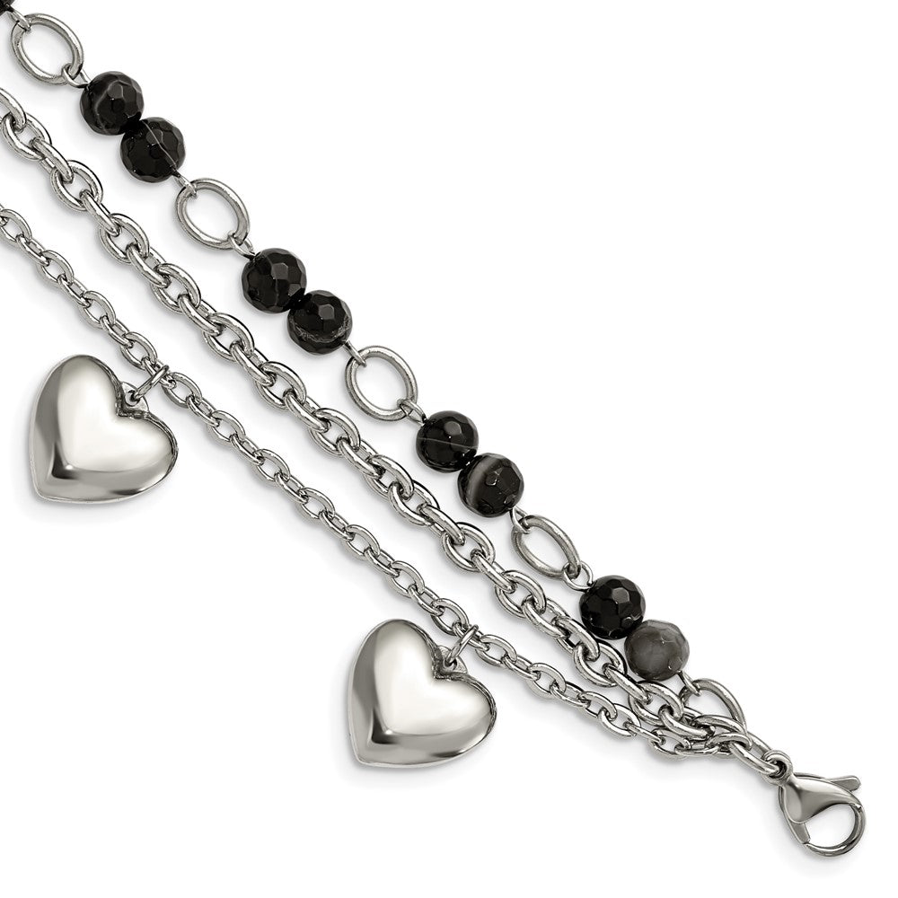 7.5 Zoll Edelstahl Poliert mit Schwarz & Weiß Achat mit Herzen 7.5 Zoll Armband