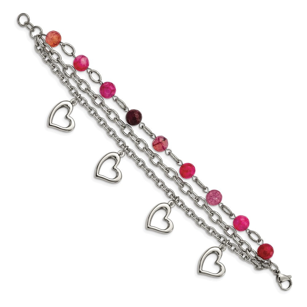 7.75 Zoll Edelstahl Poliert mit Rosa Achat und Herzen 7.75 Zoll Armband