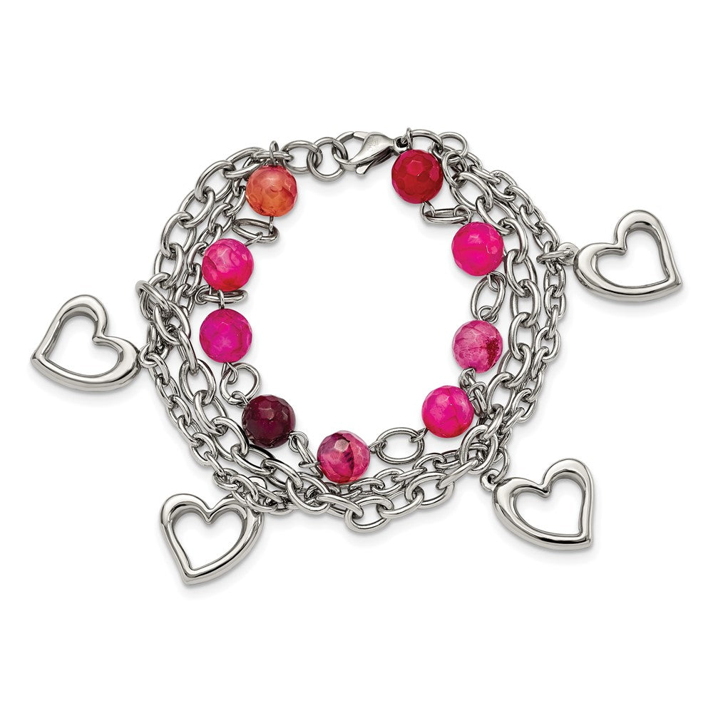 7.75 Zoll Edelstahl Poliert mit Rosa Achat und Herzen 7.75 Zoll Armband