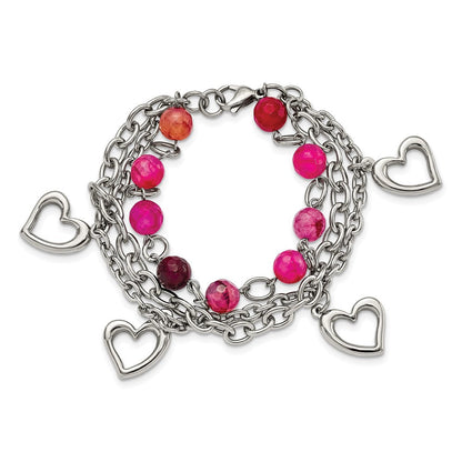 7.75 Zoll Edelstahl Poliert mit Rosa Achat und Herzen 7.75 Zoll Armband
