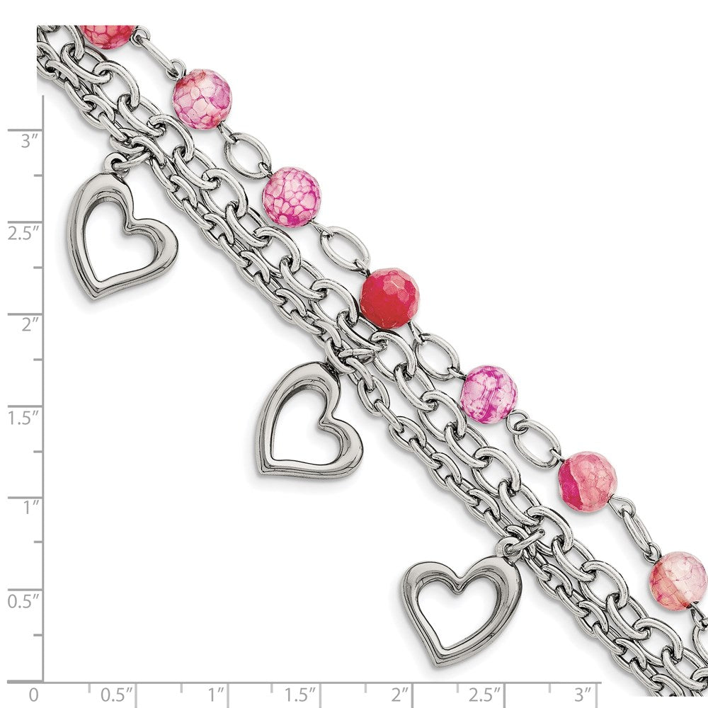 7.75 Zoll Edelstahl Poliert mit Rosa Achat und Herzen 7.75 Zoll Armband