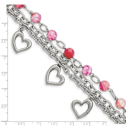 7.75 Zoll Edelstahl Poliert mit Rosa Achat und Herzen 7.75 Zoll Armband