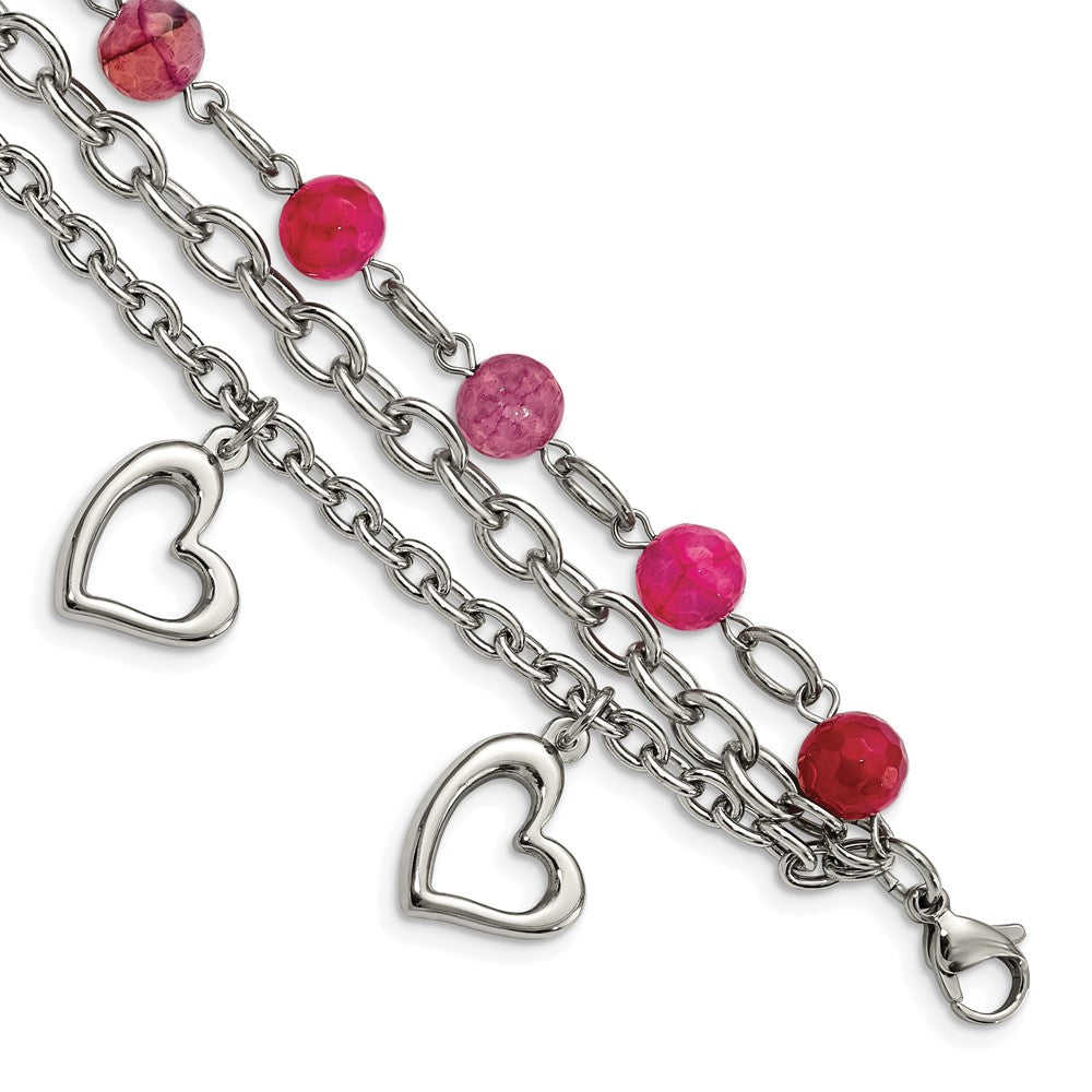 7.75 Zoll Edelstahl Poliert mit Rosa Achat und Herzen 7.75 Zoll Armband