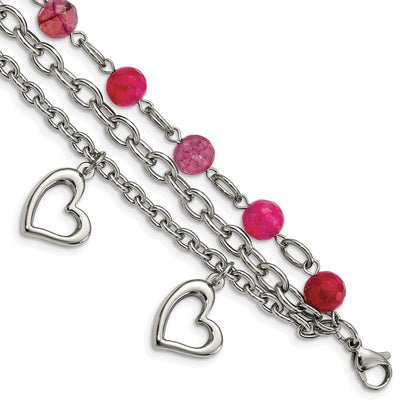 7.75 Zoll Edelstahl Poliert mit Rosa Achat und Herzen 7.75 Zoll Armband