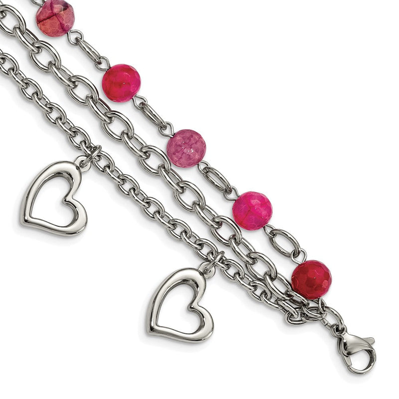 7.75 Zoll Edelstahl Poliert mit Rosa Achat und Herzen 7.75 Zoll Armband