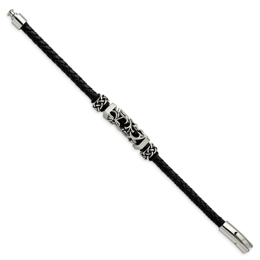 Edelstahl Chisel Poliert mit Antikisiert Perlen Geflochten Schwarz Leder 8.25 Zoll Armband