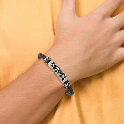 Edelstahl Chisel Poliert mit Antikisiert Perlen Geflochten Schwarz Leder 8.25 Zoll Armband