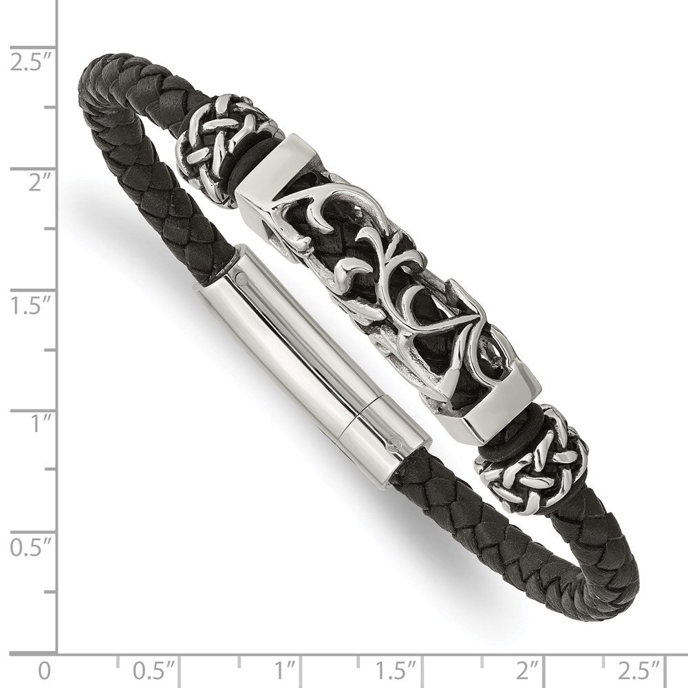 Edelstahl Chisel Poliert mit Antikisiert Perlen Geflochten Schwarz Leder 8.25 Zoll Armband