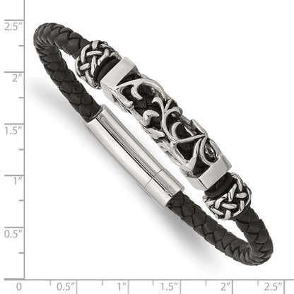 Edelstahl Chisel Poliert mit Antikisiert Perlen Geflochten Schwarz Leder 8.25 Zoll Armband