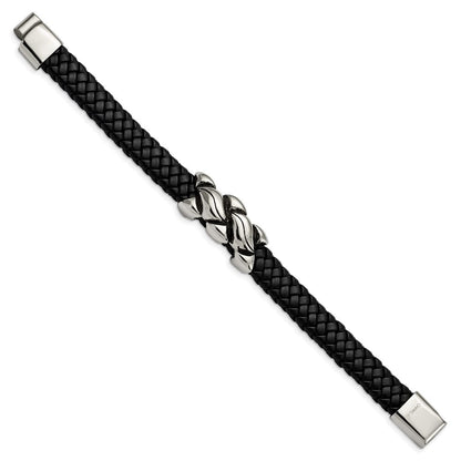 8.25 Zoll Edelstahl Antikisiert und Poliert Schwarz Leder 8.25 Zoll Armband