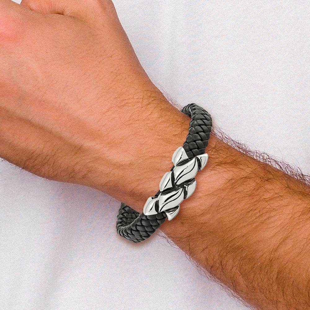 8.25 Zoll Edelstahl Antikisiert und Poliert Schwarz Leder 8.25 Zoll Armband
