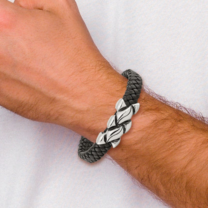 8.25 Zoll Edelstahl Antikisiert und Poliert Schwarz Leder 8.25 Zoll Armband
