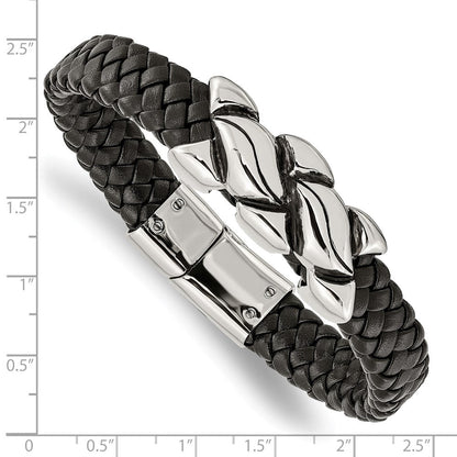 8.25 Zoll Edelstahl Antikisiert und Poliert Schwarz Leder 8.25 Zoll Armband