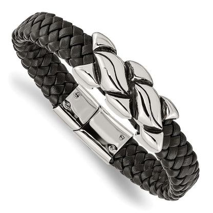 8.25 Zoll Edelstahl Antikisiert und Poliert Schwarz Leder 8.25 Zoll Armband