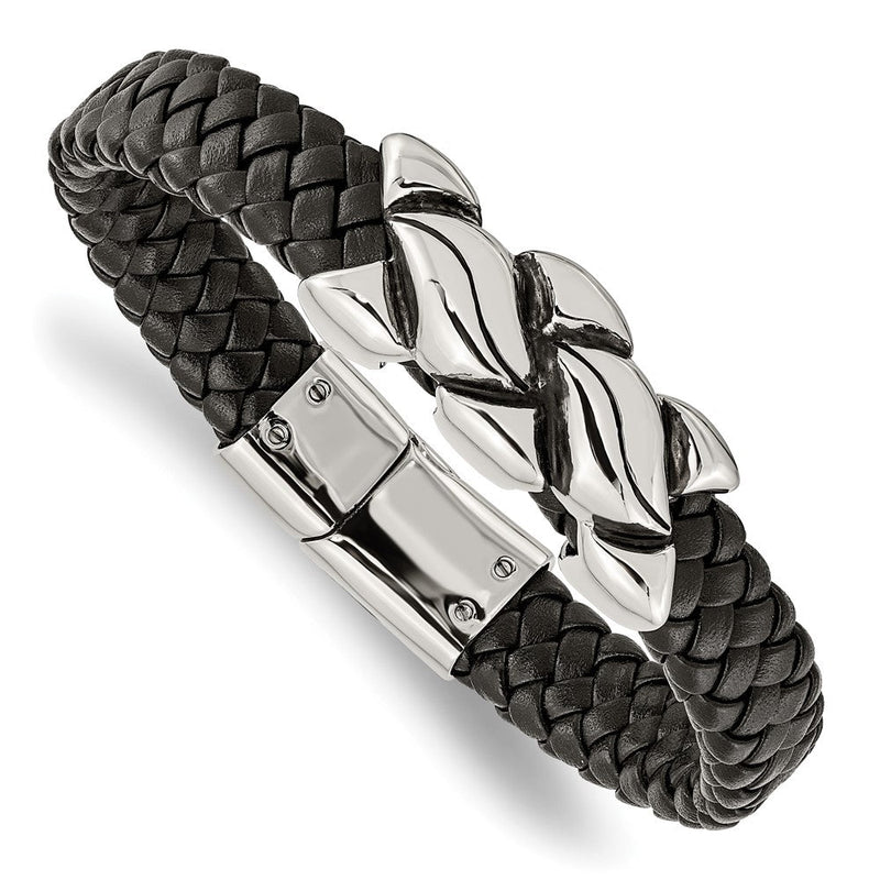 8.25 Zoll Edelstahl Antikisiert und Poliert Schwarz Leder 8.25 Zoll Armband