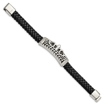8.25 Zoll Edelstahl Antikisiert und Poliert Fleur De Lis Schwarz Leder Armband