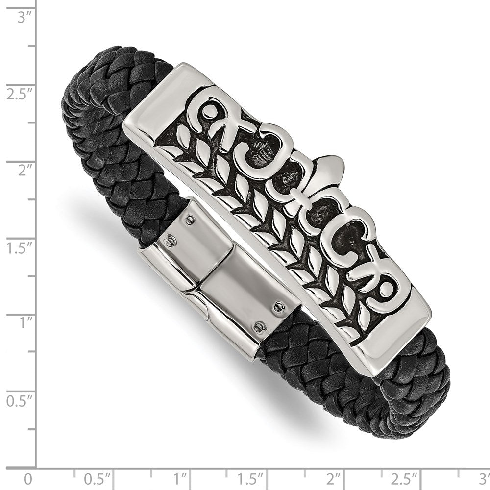 8.25 Zoll Edelstahl Antikisiert und Poliert Fleur De Lis Schwarz Leder Armband