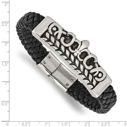 8.25 Zoll Edelstahl Antikisiert und Poliert Fleur De Lis Schwarz Leder Armband