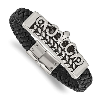 8.25 Zoll Edelstahl Antikisiert und Poliert Fleur De Lis Schwarz Leder Armband