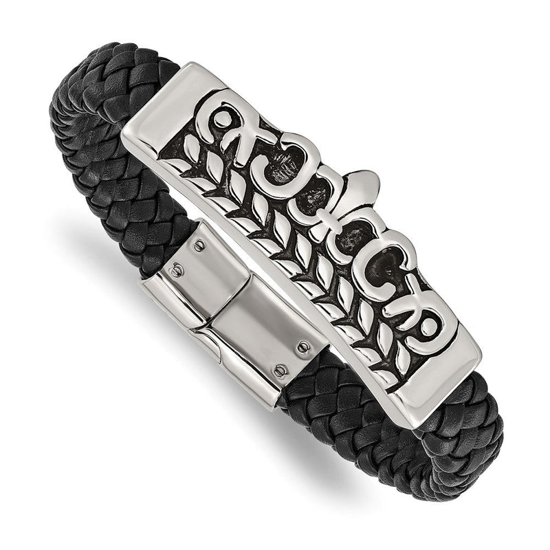 8.25 Zoll Edelstahl Antikisiert und Poliert Fleur De Lis Schwarz Leder Armband