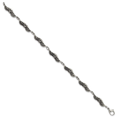 7.75 Zoll Edelstahl Antikisiert Skulls mit Flügel Armband