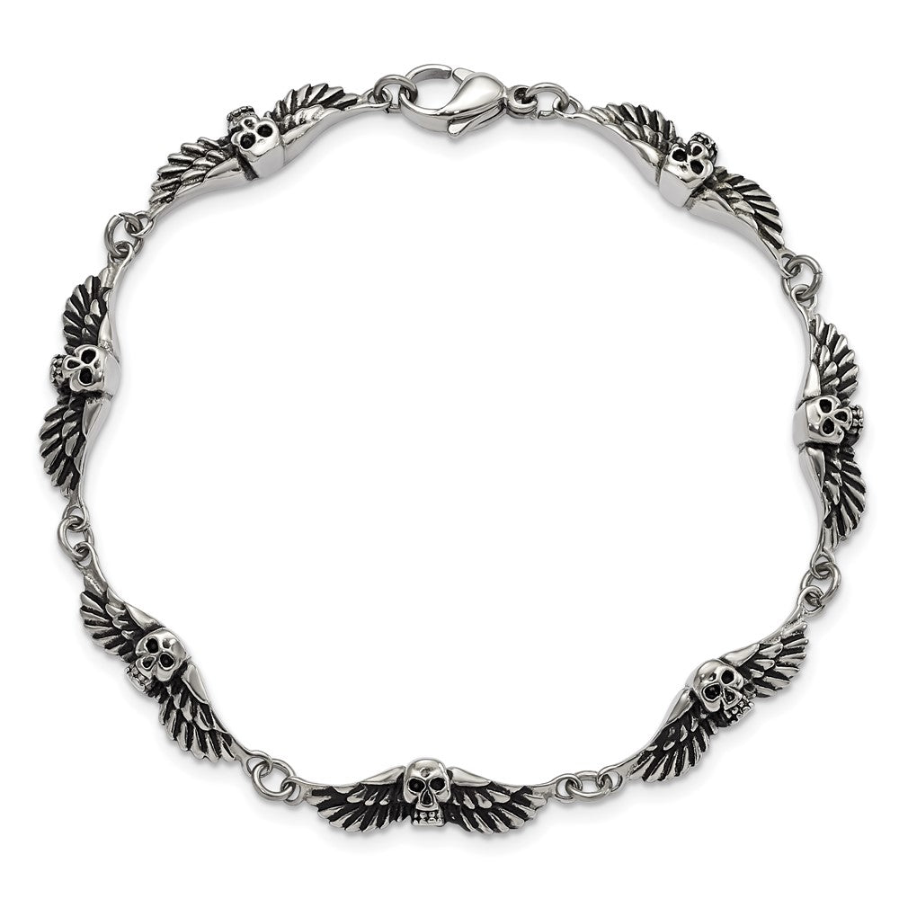 7.75 Zoll Edelstahl Antikisiert Skulls mit Flügel Armband