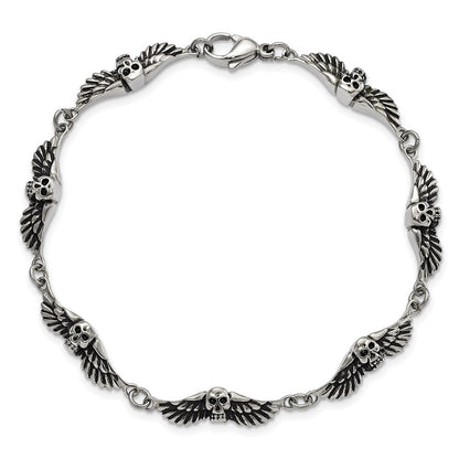 7.75 Zoll Edelstahl Antikisiert Skulls mit Flügel Armband